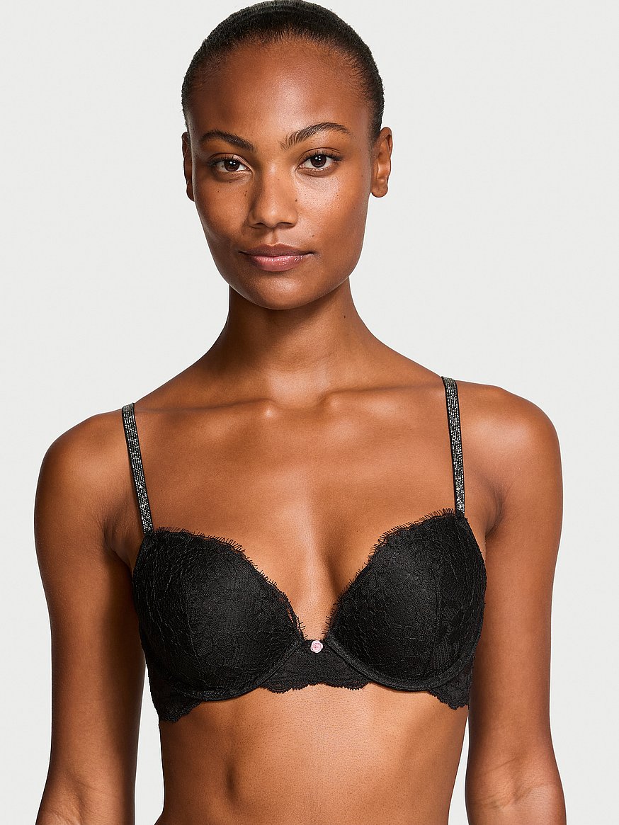 ★VS 【Dream Angels】 プッシュアップ ブラ♡ トゥインクル ストラップ レース プッシュアップブラ, ブラック