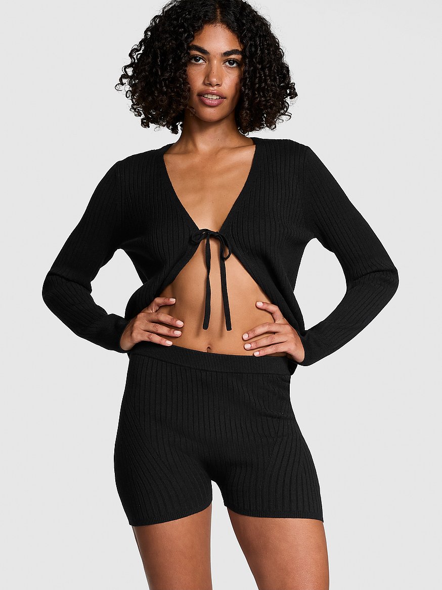 ミックスニットショートパンツ リブ編み黒ショートパンツ ミックスニットショートパンツ リブ編み黒ショートパンツ WHO'S