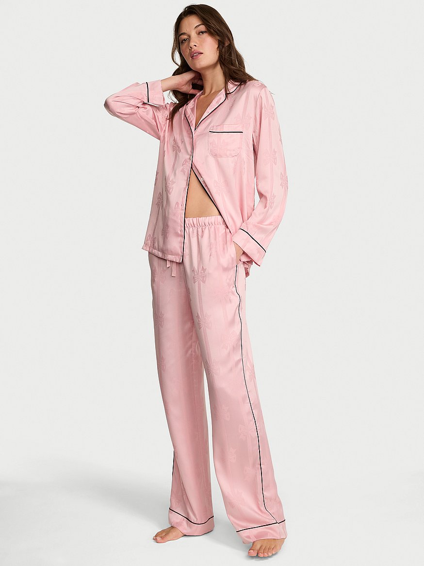 【Victoria's Secret】ヴィクシー ピンク サテンパジャマセット シグネチャー サテン リボン ストライプ ロング パジャマセット