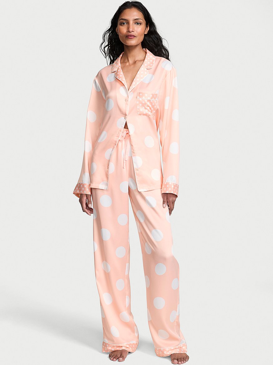 新品！Victoria's Secret サテンロングパジャマセット XS シグネチャー サテン ロング パジャマセット, ピンクドットを購入
