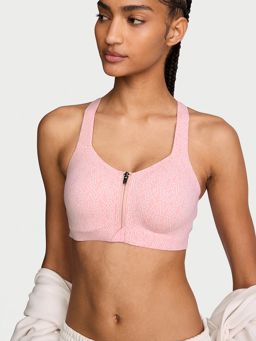 VSX Knockout™ フロントクローズ スポーツブラ, ダスクピンク ロゴを