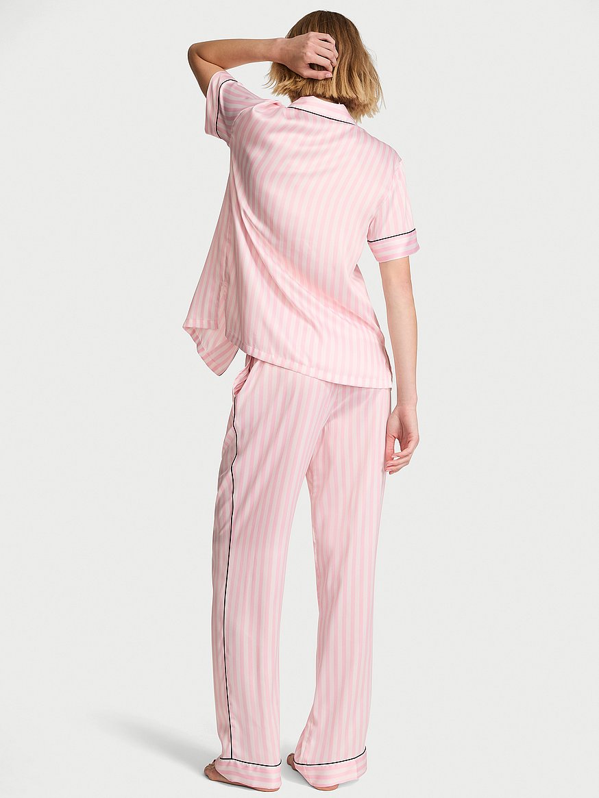 新品♡Victoria's Secret ピンクストライプ サテンパジャマセット シグネチャー サテン ショートスリーブ ロングパンツ パジャマセット