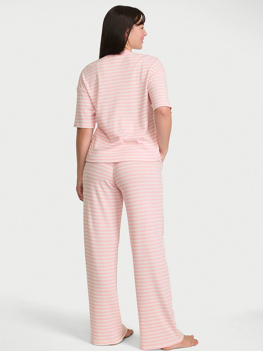 Waffle Knit Tee & Pant Pajama Set, アイコニック ピンク ストライプ