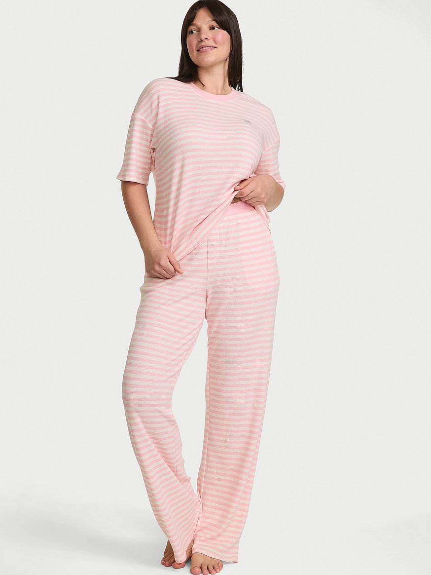 Waffle Knit Tee & Pant Pajama Set, アイコニック ピンク ストライプ